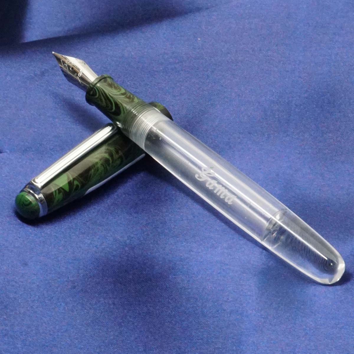 Gama Popular Half Demonstrator Green Color Ebonite Cap and Transparent Acrylic Body No.35 SSF Fine Tipped handmade Fountain Pen SKU 20595