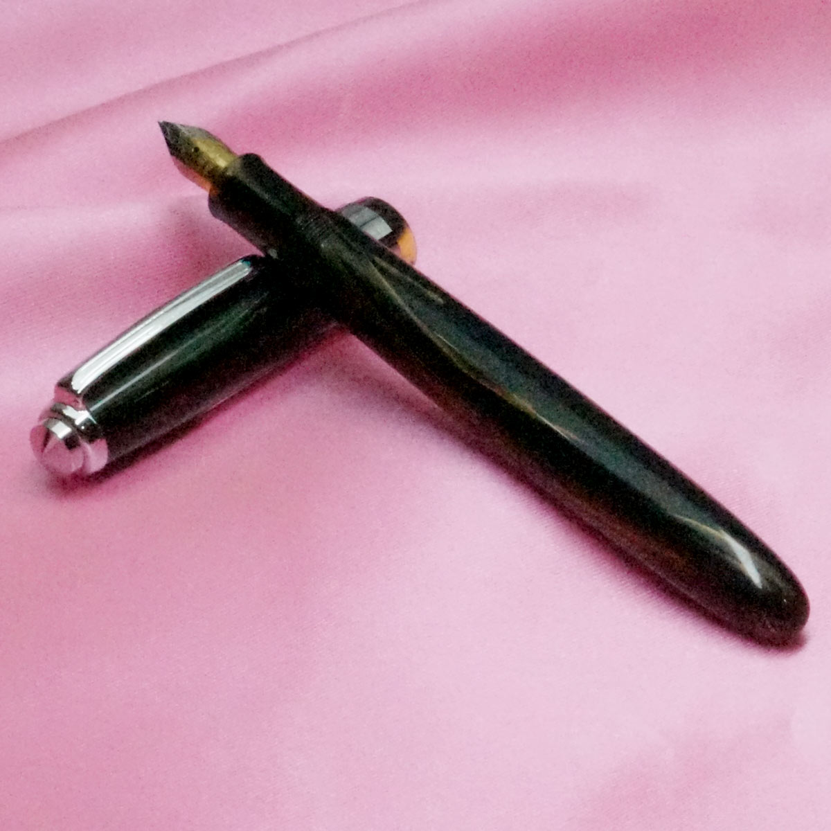 Starone Century Black Color Body and Cap with Silver Trims No.8 Dual Tone Fine Tipped Eye Dropper Model Fountain Pen SKU 20786