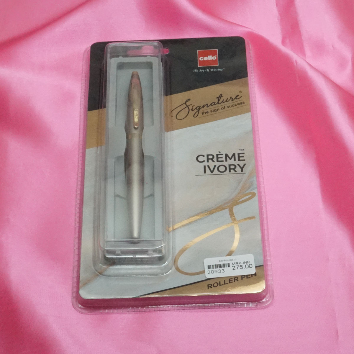 Cello Creme Ivory Color Body With Gold Clip Medium Tip Cap Type Roller Ball Pen SKU 20933