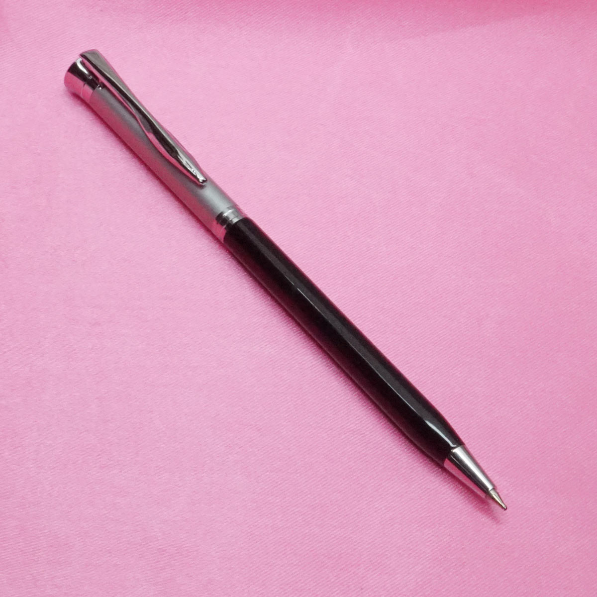 Submarine 873 Slim Black Color Body With Silver Cap Fine Tip Stone On Top Twist Type Ball pen SKU 21127