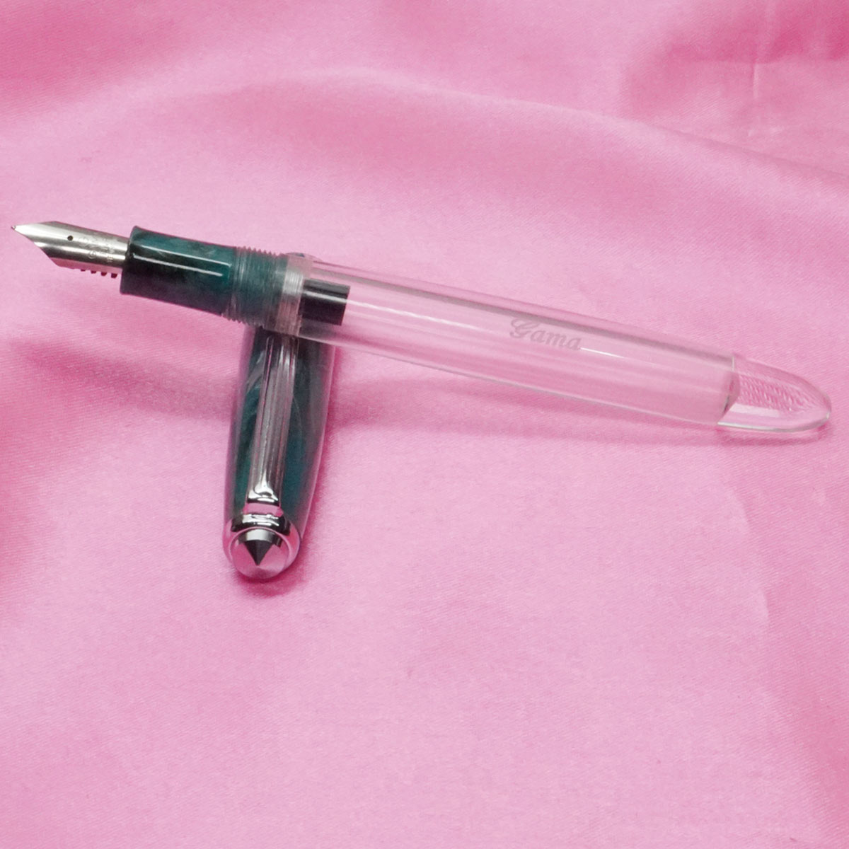 Gama No 7 Turquoise Blue Pattern Design Cap With Acrylic Transparent  Body No 8 Fine Nib Silver Trim Eyedropper Fountain Pen SKU 21532