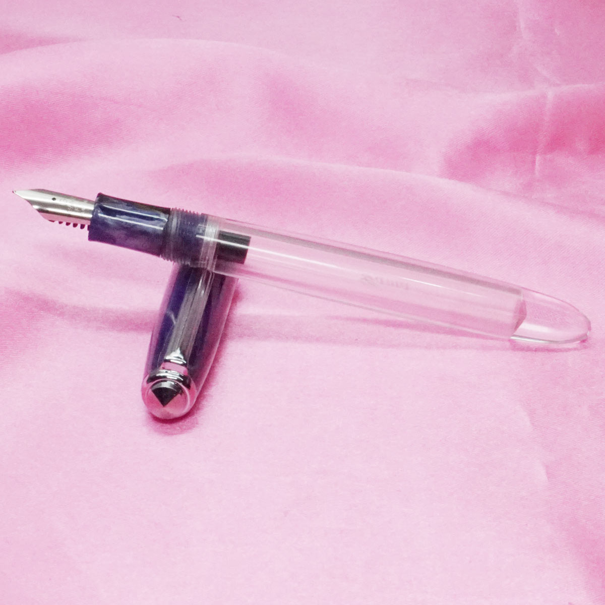 Gama No 7 Blue Pattern Design Cap With Acrylic Transparent  Body No 8 Fine Nib Silver Trim Eyedropper Fountain Pen SKU 21533