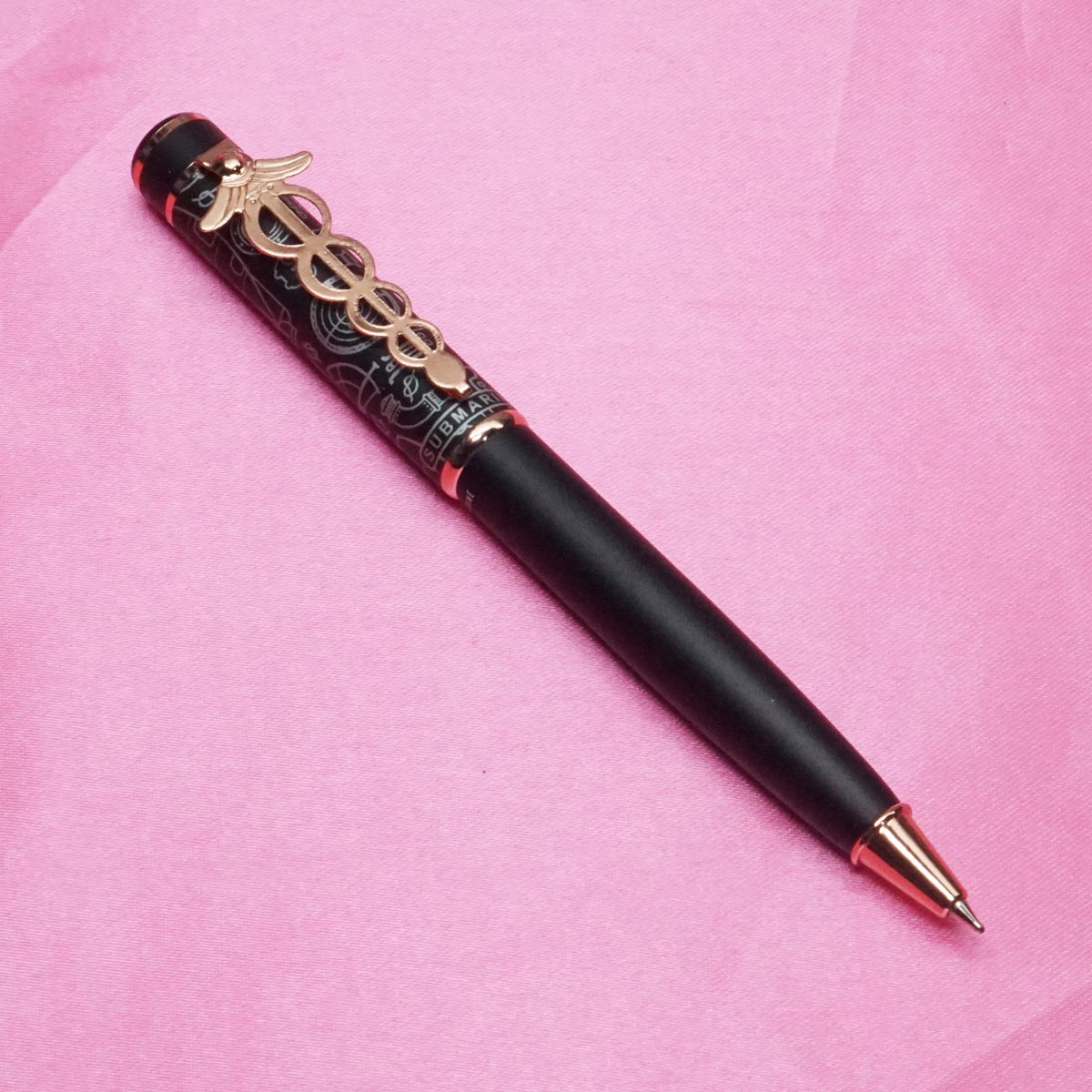 Submarine 1021 Black Color Body with White Designed Cap Fine Tip Rose Gold Trim Twist Type Ball Pen SKU 21714