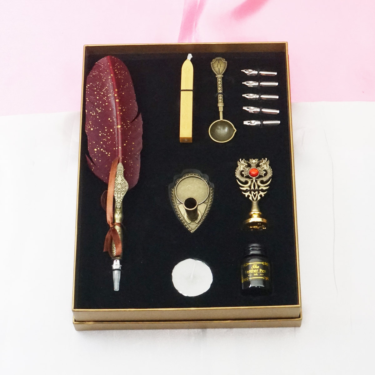 penhouse.in Feather Pen Set Wine Red Color Feather with Stand and Inkbottle with 6 Nibs SKU 21820