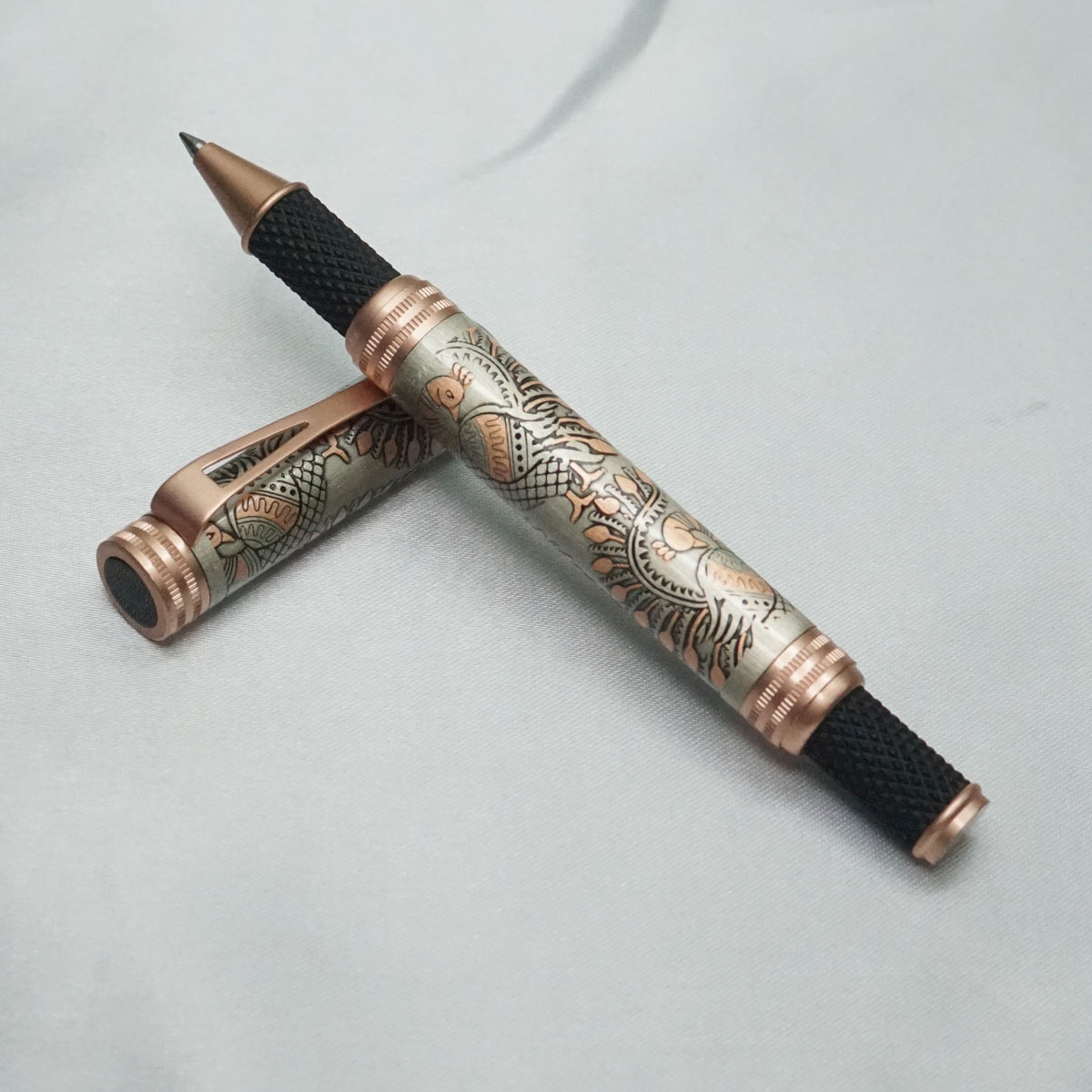 penhouse.in Peacock Deisgn Body Roller Ball Pen with Rose Gold Trim SKU 21829