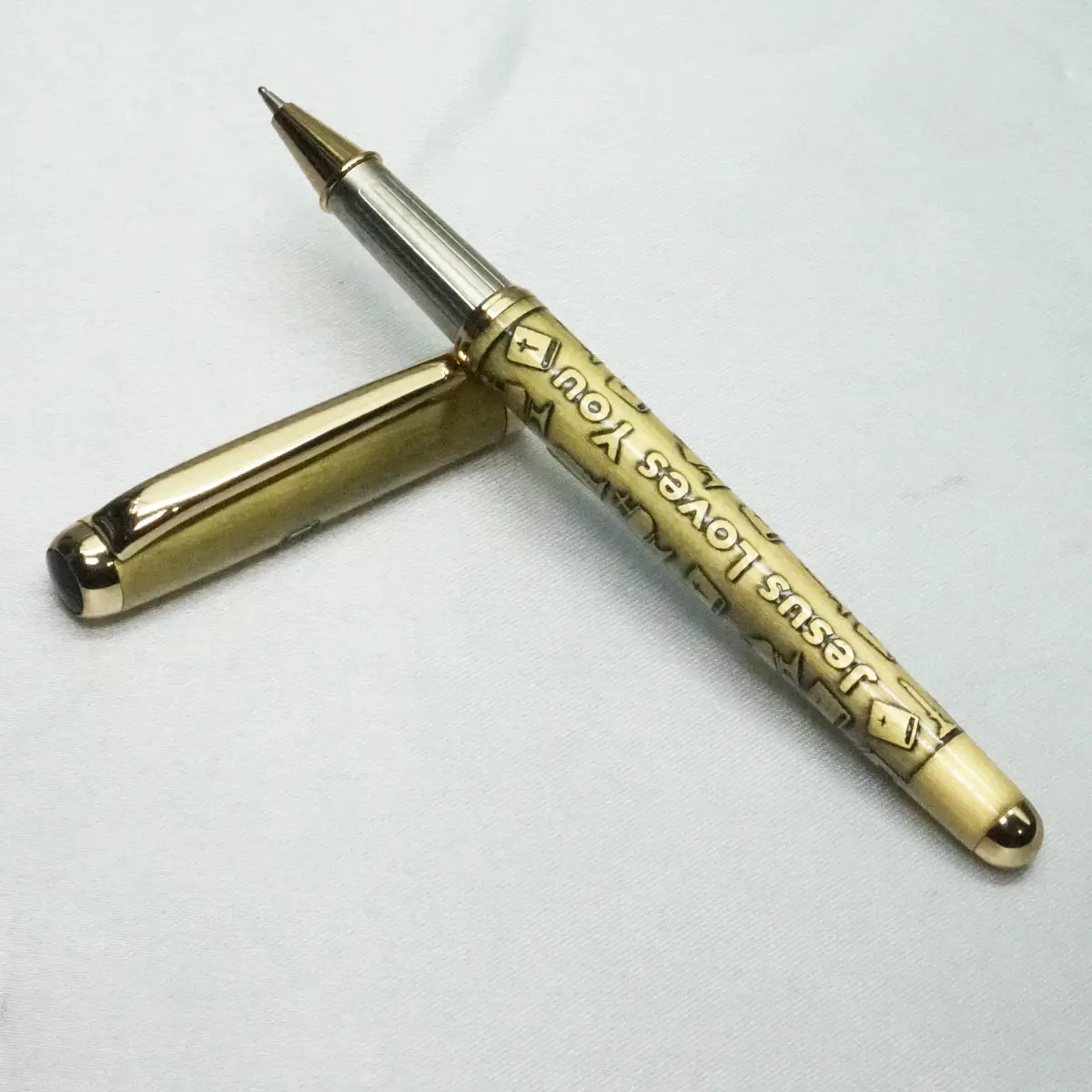 Gold Color Body Cross Jesus Christ Engraved Roller Ball Pen  SKU 21865