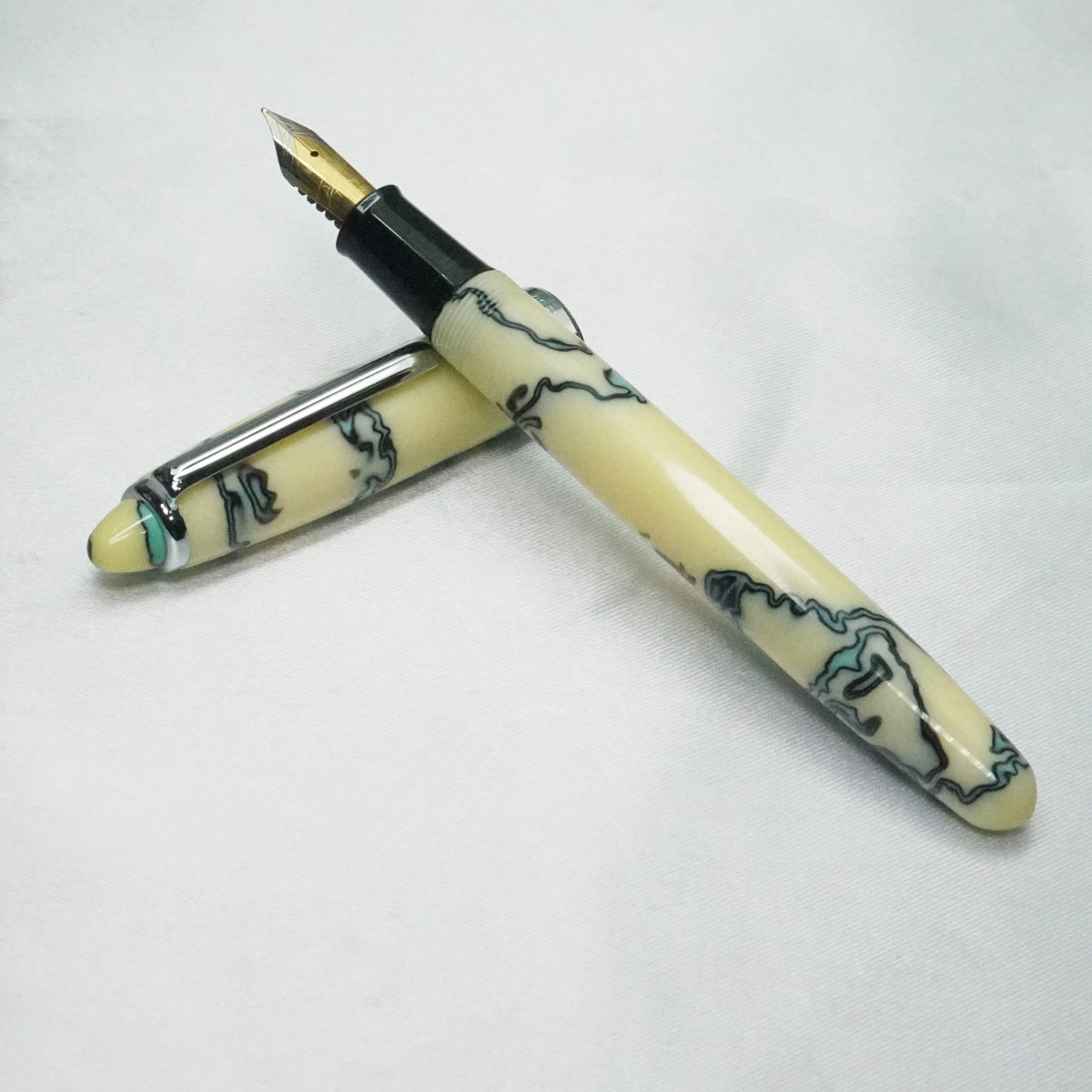 Airmail 69A - Wality Light Yellow With Green Black Pattern Acrylic Body With Fine Nib Eyedropper Fountain Pen SKU 21915
