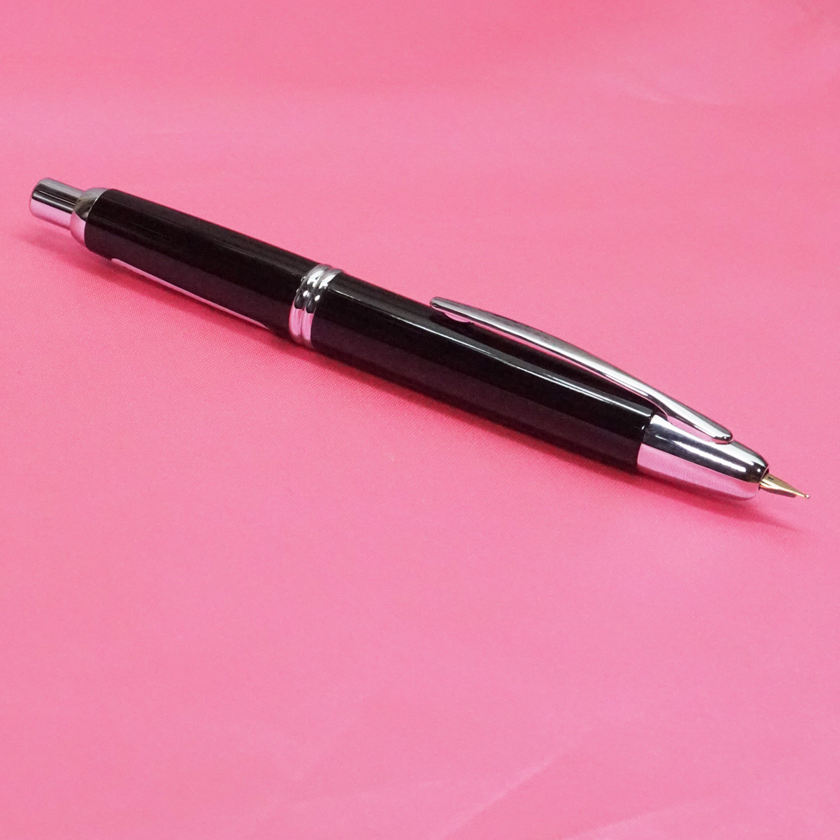 Pilot Capless Black Body with Silver Trims Namiki Rubber Sac Converter Type Fountain Pen with Gold Plated Medium Tipped Nib  SKU 21976
