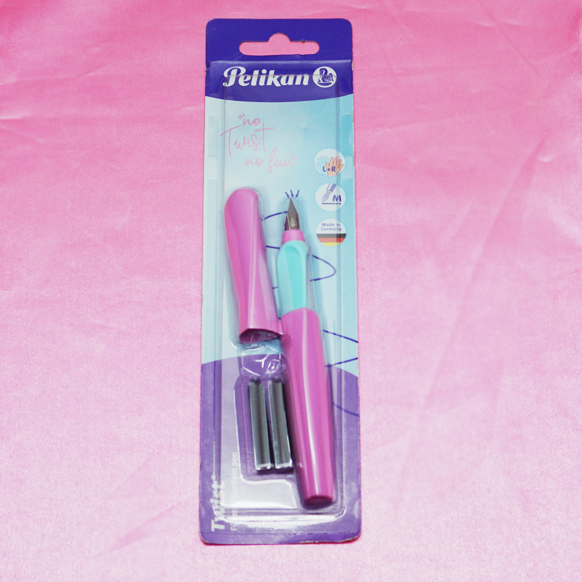 Pelikan Twist Pink Color Triangular Body With Green Color Grip Medium Nib Cartridge Type Fountain Pen SKU 22046