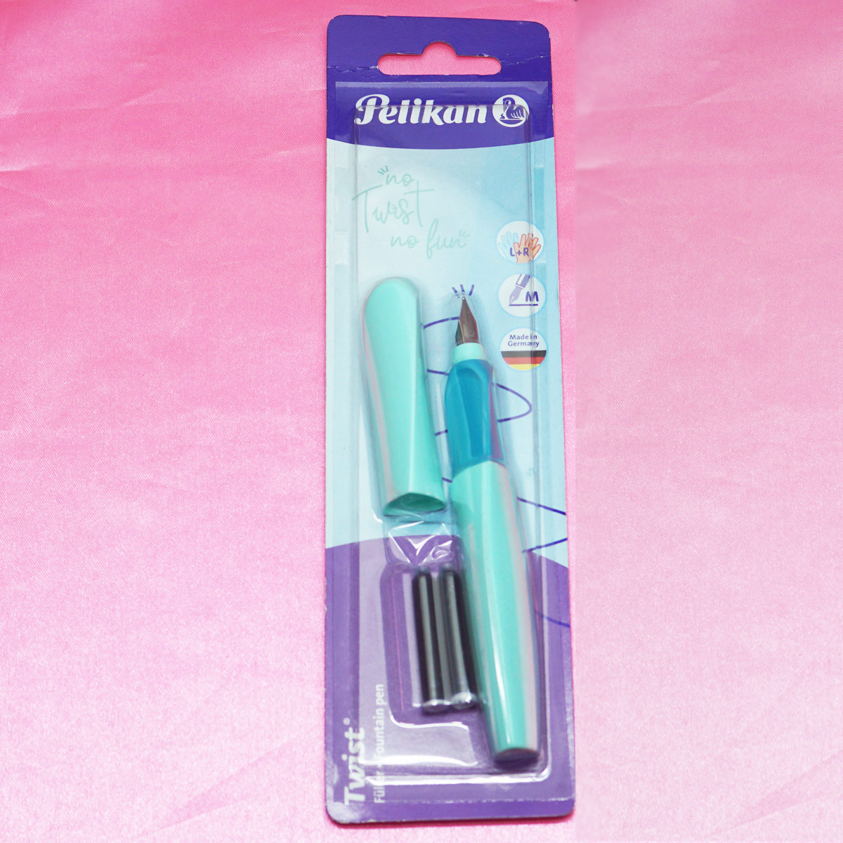Pelikan Twist Light Green Color Triangular Body With Blue Color Grip Medium Nib Cartridge Type Fountain Pen SKU 22049