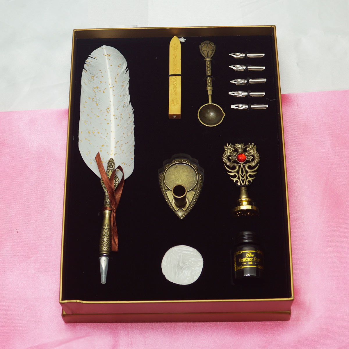 penhouse.in Feather Pen Set  White Color Feather with Stand and Inkbottle with 6 Nibs SKU 22098