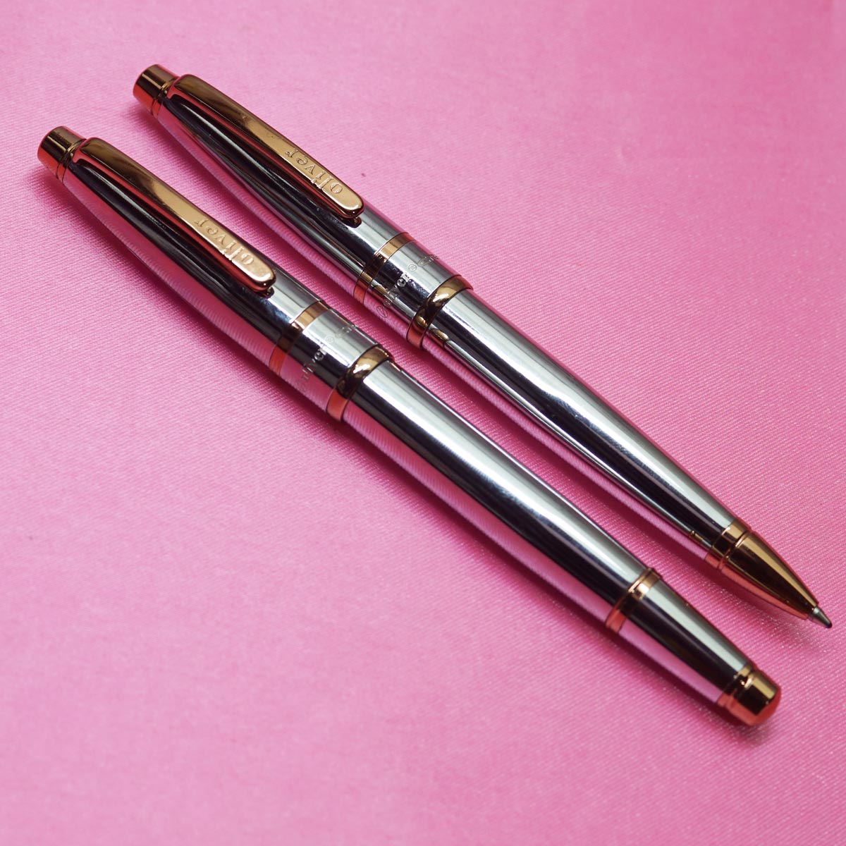 Oliver CRV Set Pen Ball and Roller Ball Silver Body and Rose Gold