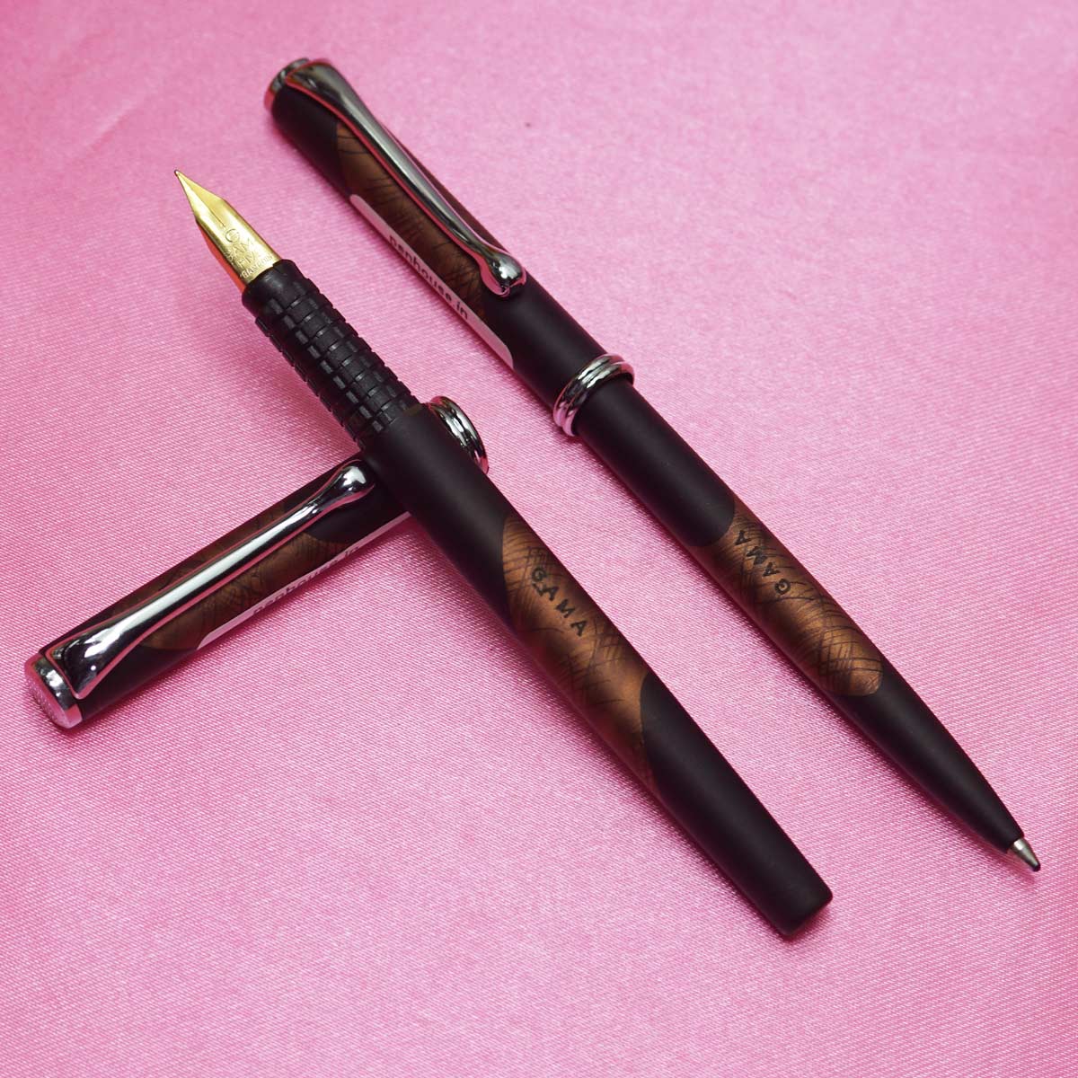 Gama - 21 - Black Color Body and Copper Design Aeromatic Fountain Pen with 5 year Point MB - Gold Plated German Nibs and Ball Pen Set SKU 22203