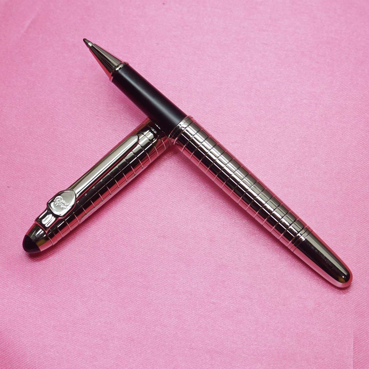 Jinhao 163 Silver Body and Cap Stripped Design on body and Cap with Silver Trims Roller Ball Pen SKU 22294