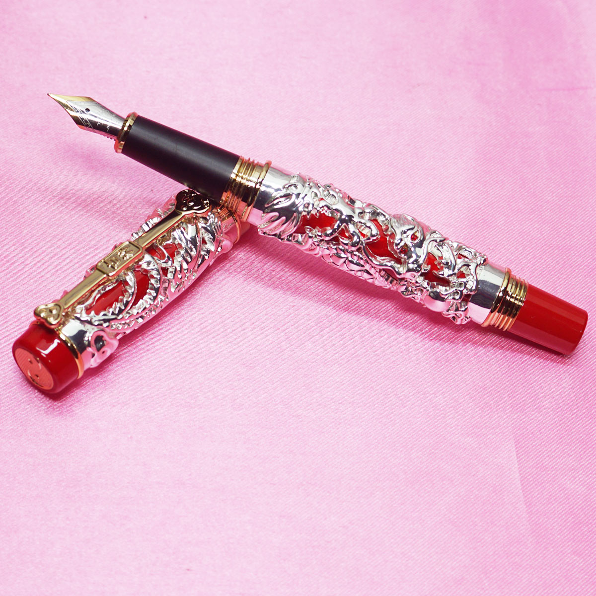 Jinhao 999 Dragon Embossed Silver Body Fountain Pen with Red and Gold Trims SKU 22318