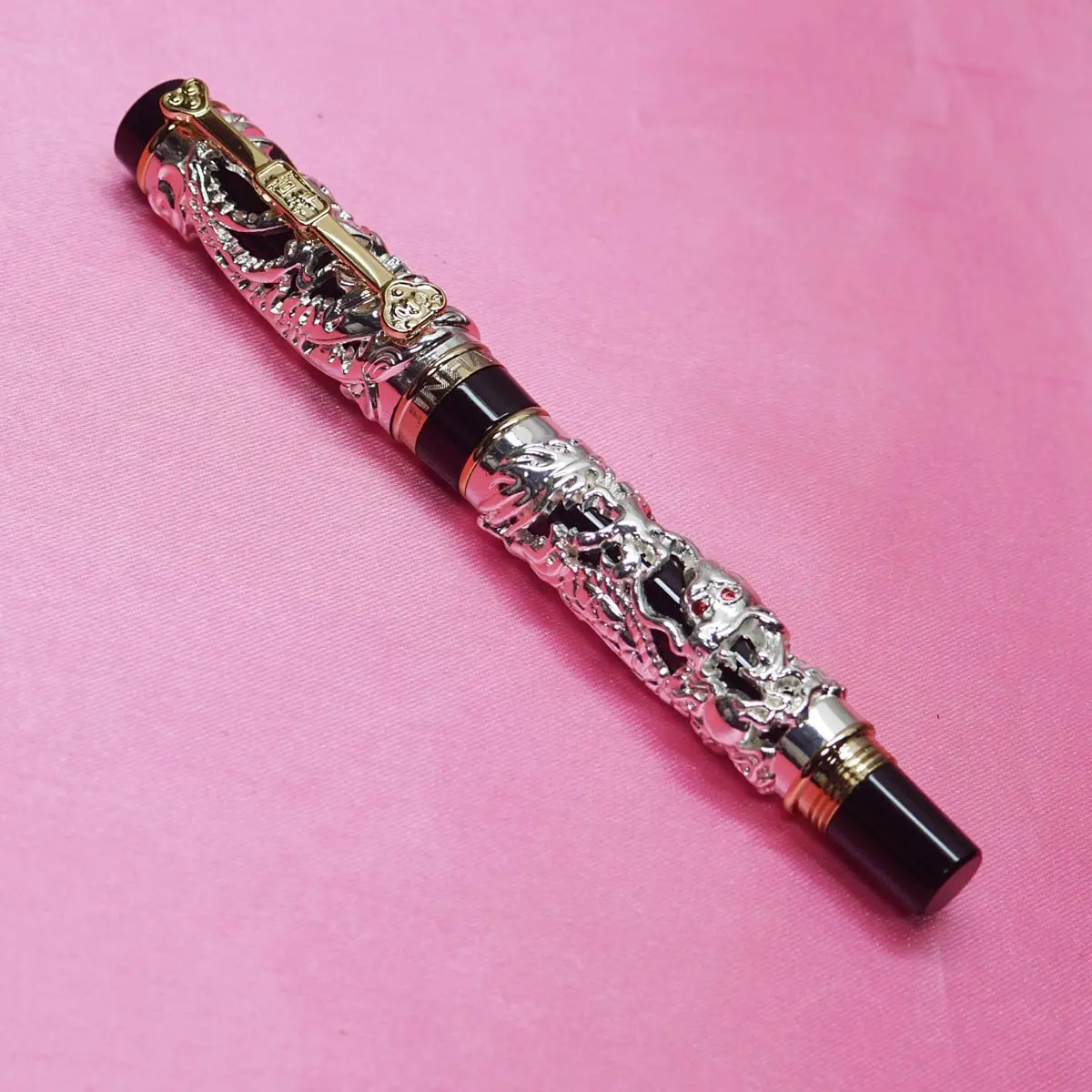Jinhao 999 Dragon Embossed Silver Body Fountain Pen with Black and
