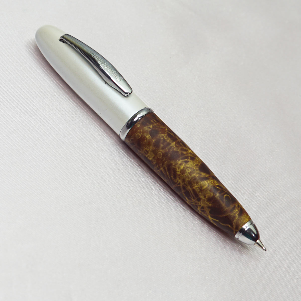 Submarine Short Chocolate Brown Color Body With White Cap Fine Tip Twist Type Ball Pen SKU 22563
