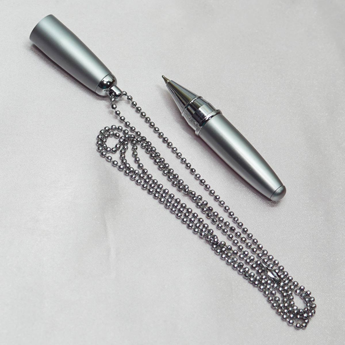 Submarine Short Full Silver Body and Cap With Chain On Clip Fine Tip Cap Type Ball Pen SKU 22582