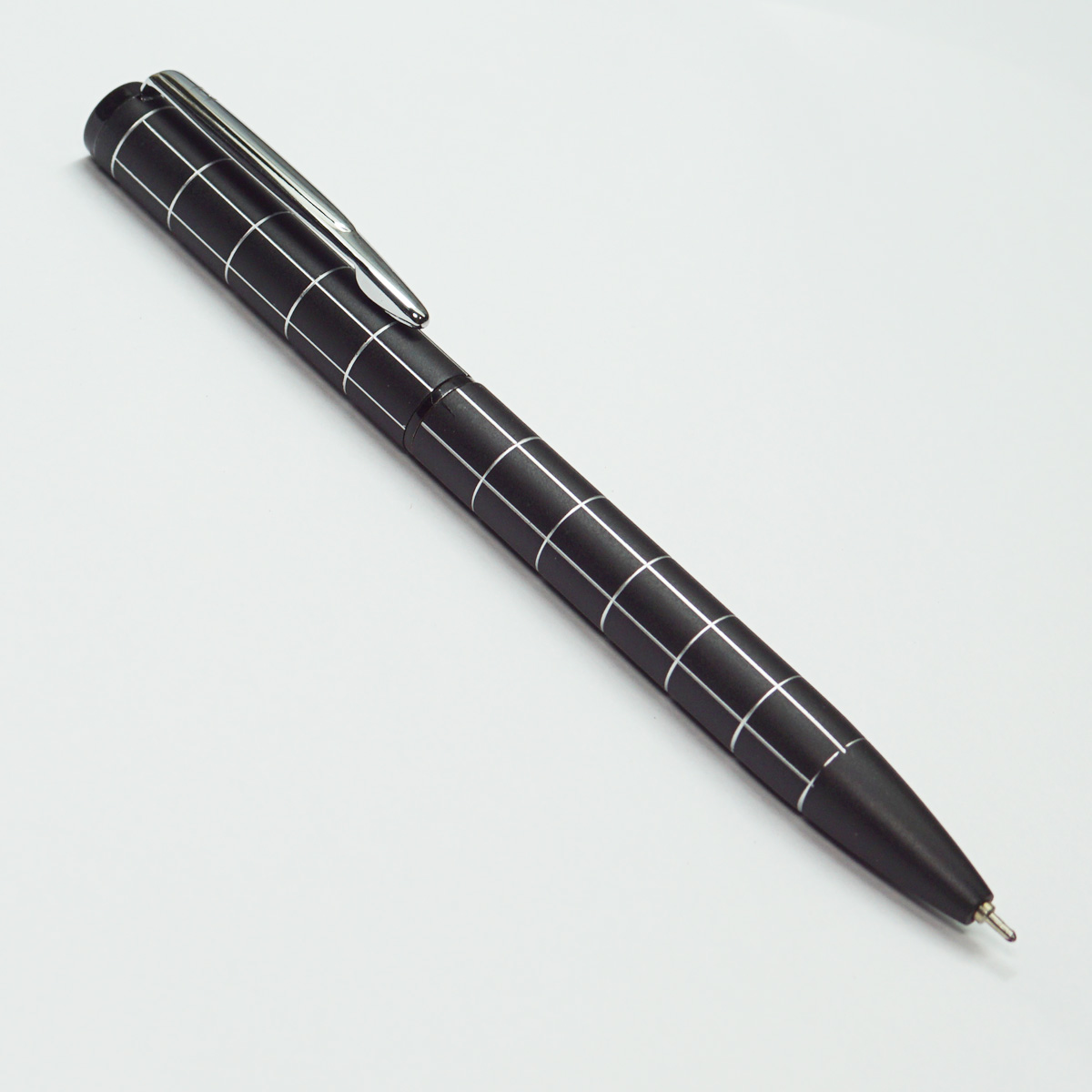 Cello Chequers Select Black Color Silver Strip Checked Design Body With Silver Clip Fine Tip Twist Type Ball Pen SKU 22608