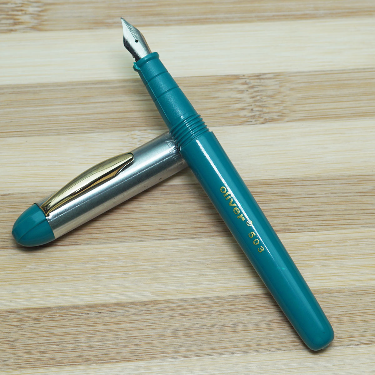 Oliver 503 HS  GT Turquoise Blue Color Body With  Fine Nib Gold Trim Eye Dropper Fountain Pen SKU 22678