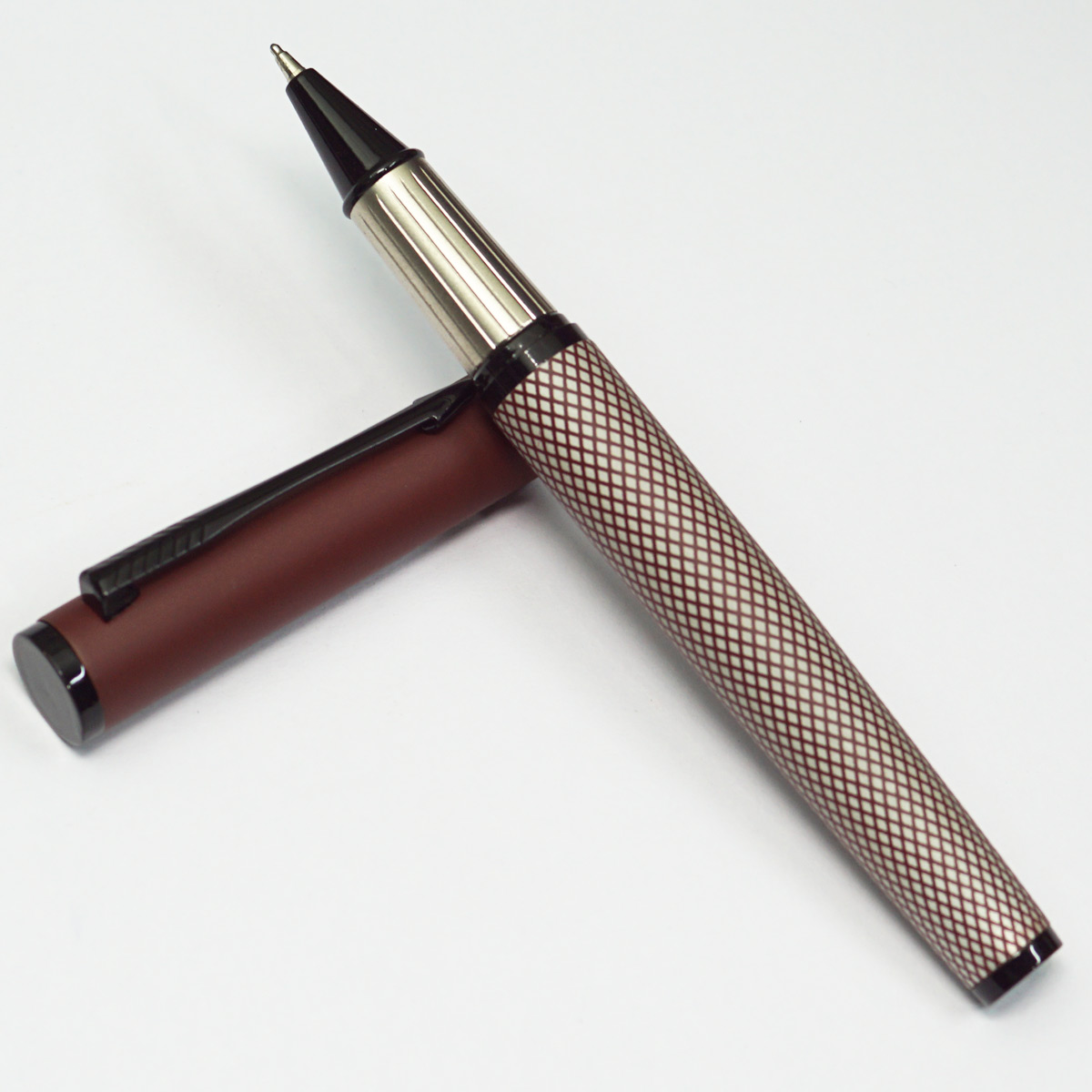 Picasso Parri Brown Color Checked Body With Black Clip Medium Tip Cap Type Ball Pen SKU 22790