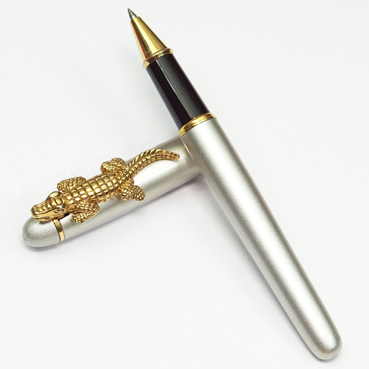 Crocodile Silver White Body With Golden Crocodile Clip Medium Tip Roller Ball Pen SKU 23007