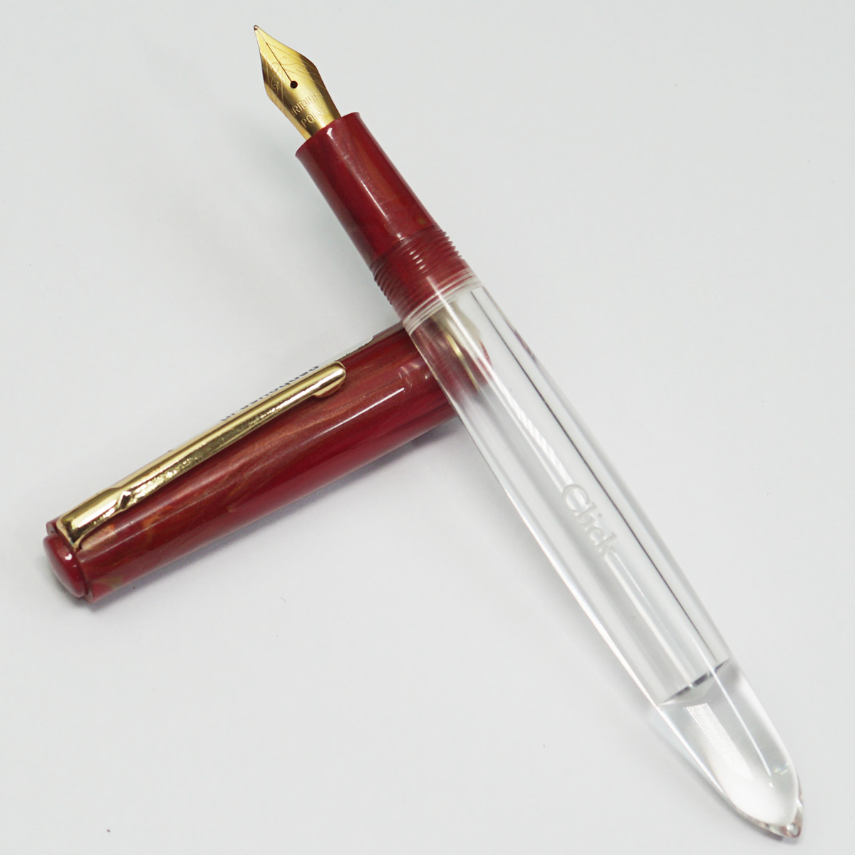 Click Black Bird Transparent Body With Marble Red Color Cap And Gold Clip Fine Nib Eye Dropper Model Fountain Pen  SKU 23083