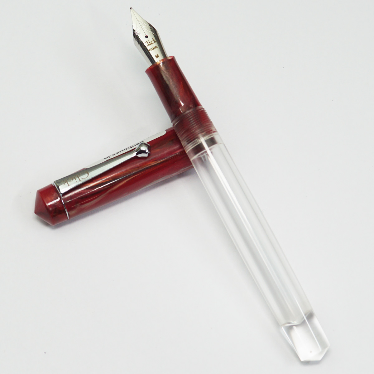 Click Aristocrat HT Transparent Body With Marble Red Color Cap No 35 SSF Medium Nib Eye Dropper Model Fountain Pen SKU 23091