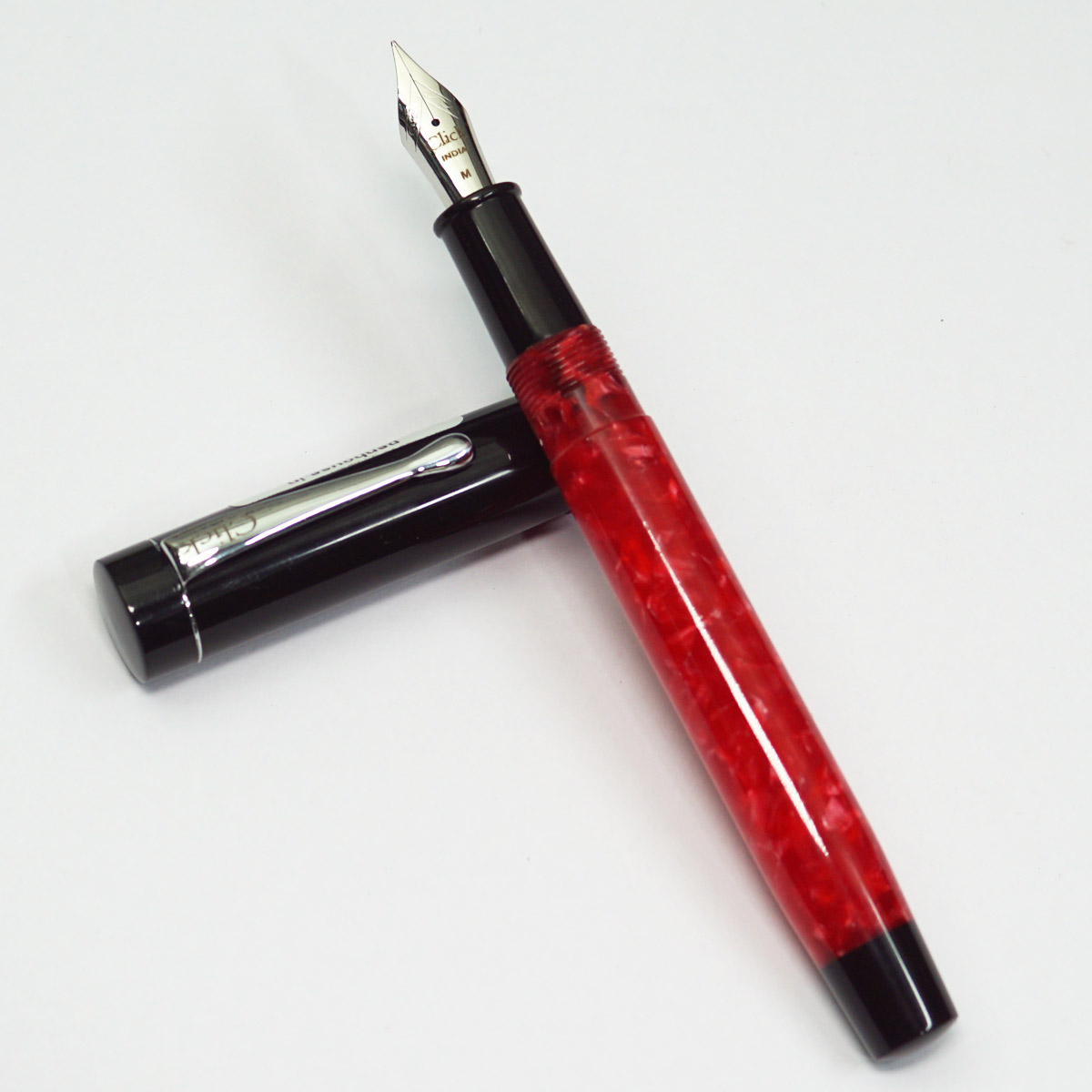 Click Renaissance Red Color Acrylic Body With Black Color Cap And Silver Clip No 35 SSF Medium Nib Eye Dropper Model Fountain Pen SKU 23102