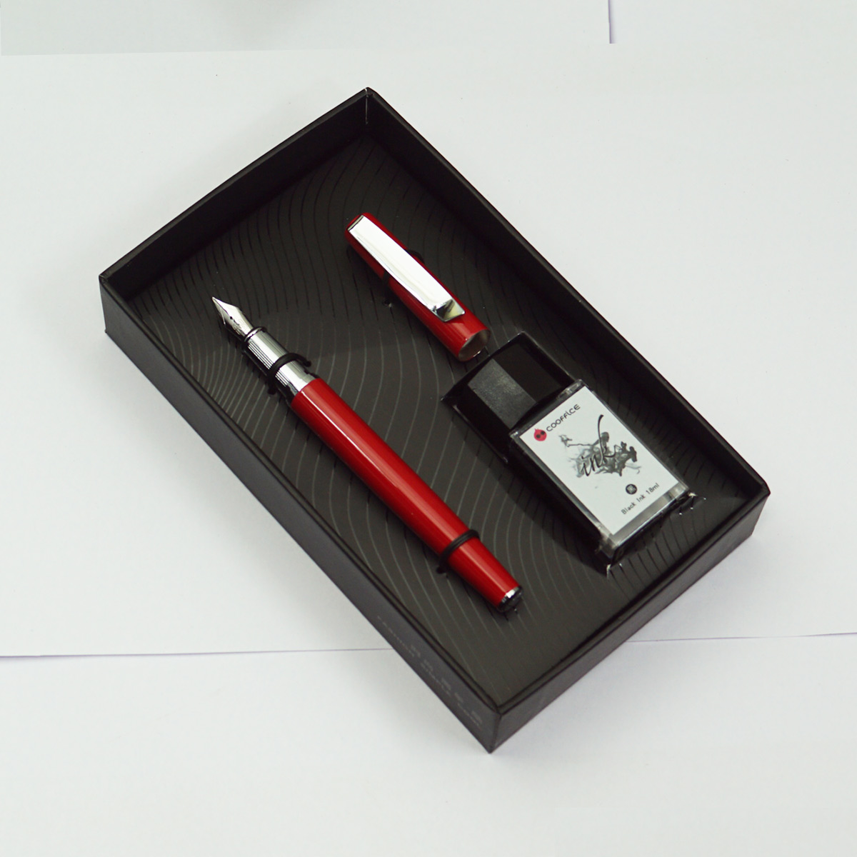 Cooffice Classic Look Red Color Body With Silver Clip  Fine Nib And Extra 8 Black Color Catridge Pouch And Converter Fountain Pen Set SKU 23161
