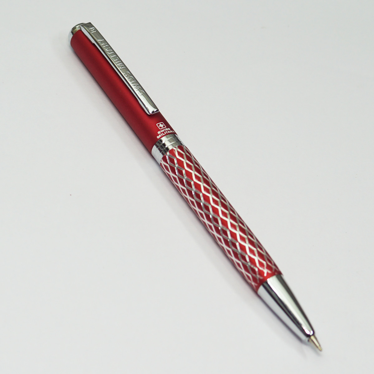 Swiss Military SM-28 Delta Mat Red Color X Design Body With Silver Trims 0.7mm Tip Twist Type Ball Pen SKU 23194