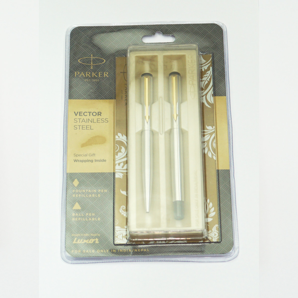 Parker Vector Full Silver Color Body With Golden Color Clip Fountain Pen With Ball Pen Gift Set SKU 23259