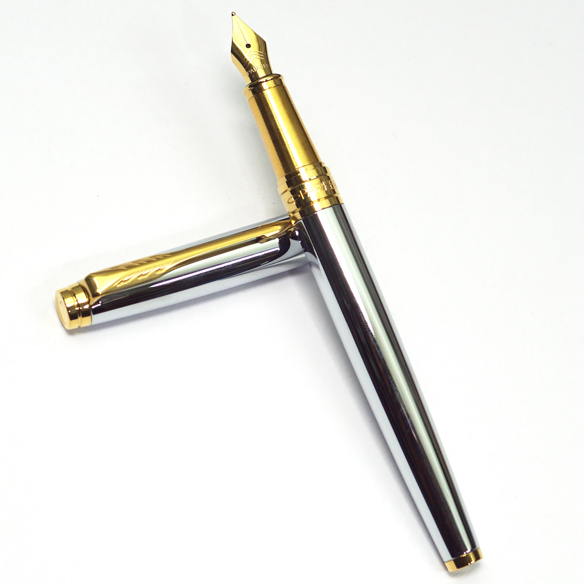 Parker Aster Shiny Chrome Full Silver Color Body With Golden Clip Medium Nib Converter Type Fountain Pen SKU 23260