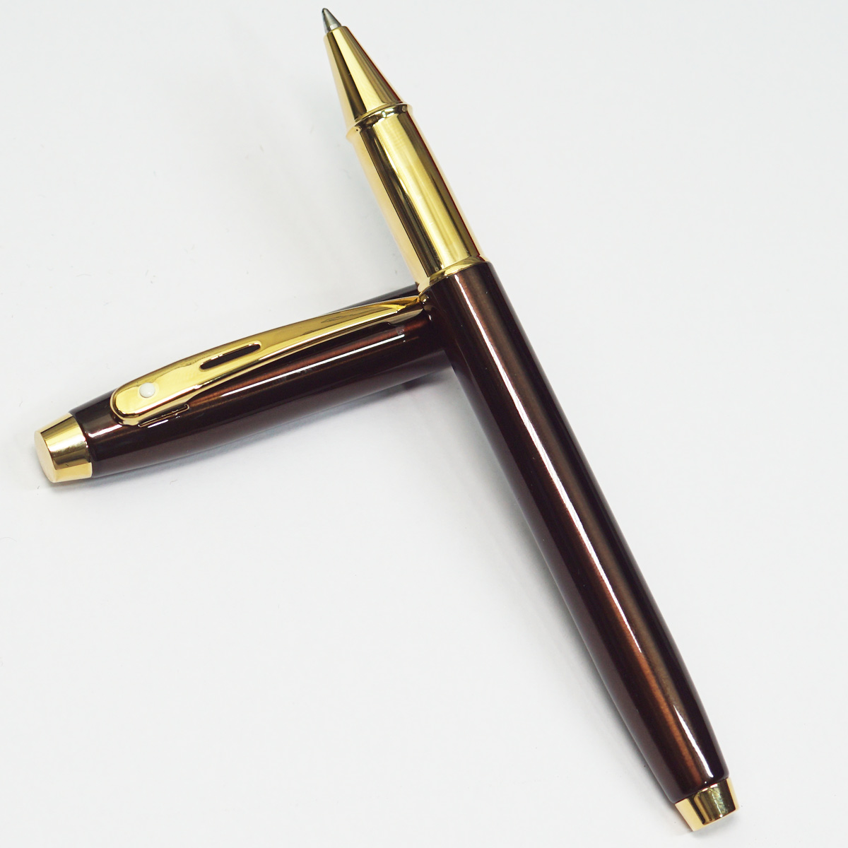 Sheaffer 100 9370 Glossy Coffee Brown Color Body With Medium Tip PVD Gold-Tone Trim Roller Ball Pen SKU 23274