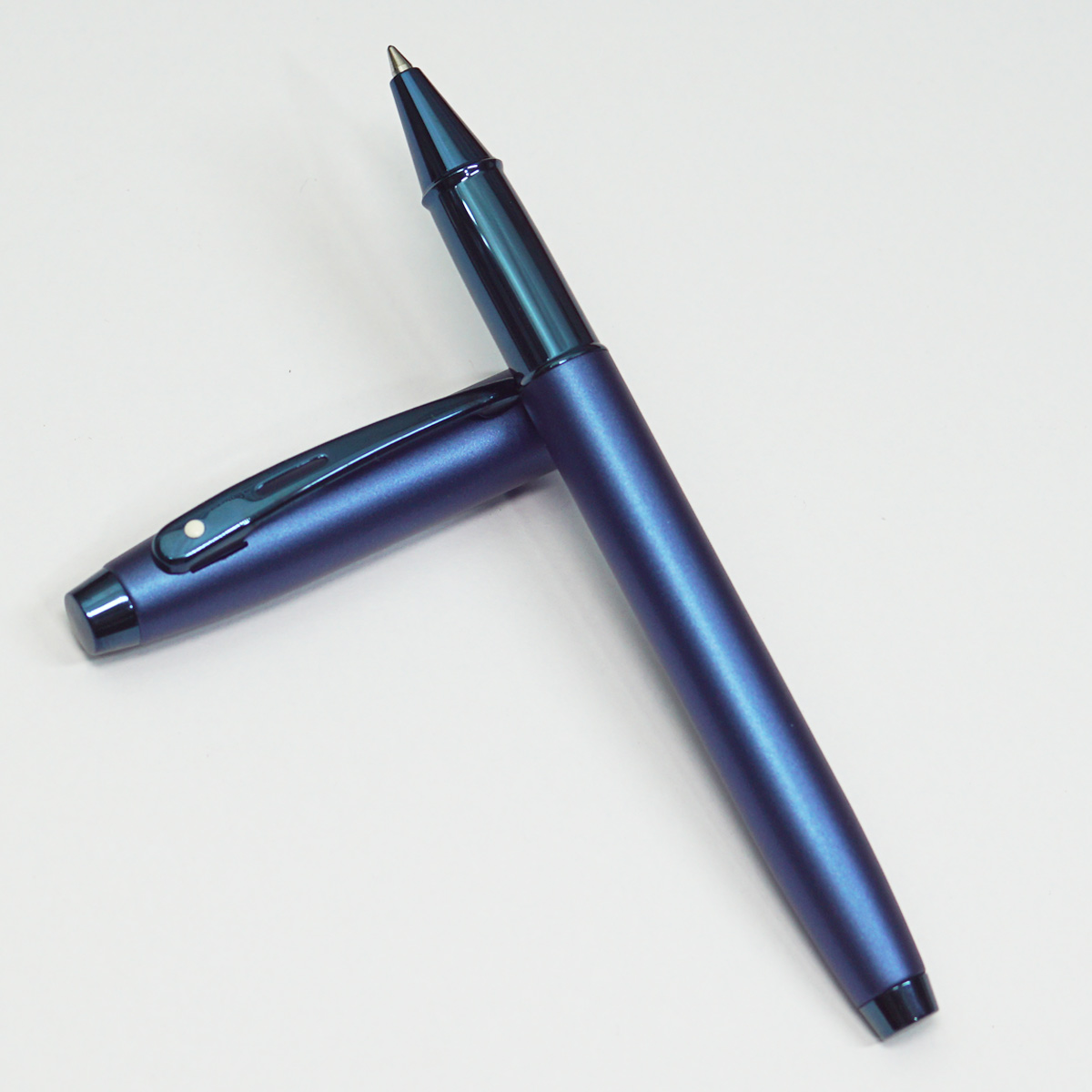 Sheaffer 100 9371 Satin Blue Color Body With Medium Tip PVD Blue Trim Cap Type Roller  Ball Pen SKU 23277