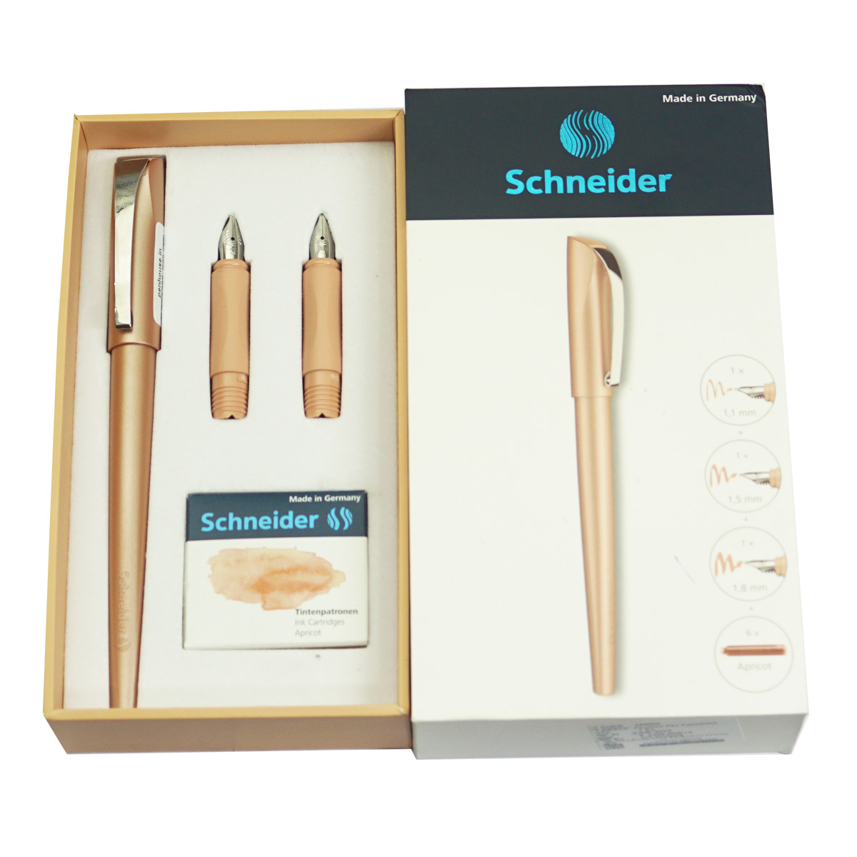 Schneider Callissimia 1.1mm 1.5mm 1.8mm Nibs Peach Color Body With Silver Clip Cartridge Type Fountain Pen Set SKU 23318