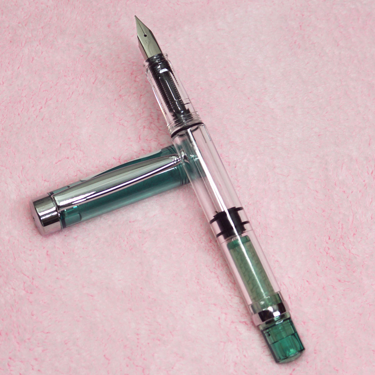 Quibao 199 Transparent Body With Green Color Transparent Cap EF Nib Piston Type Fountain Pen SKU 23329