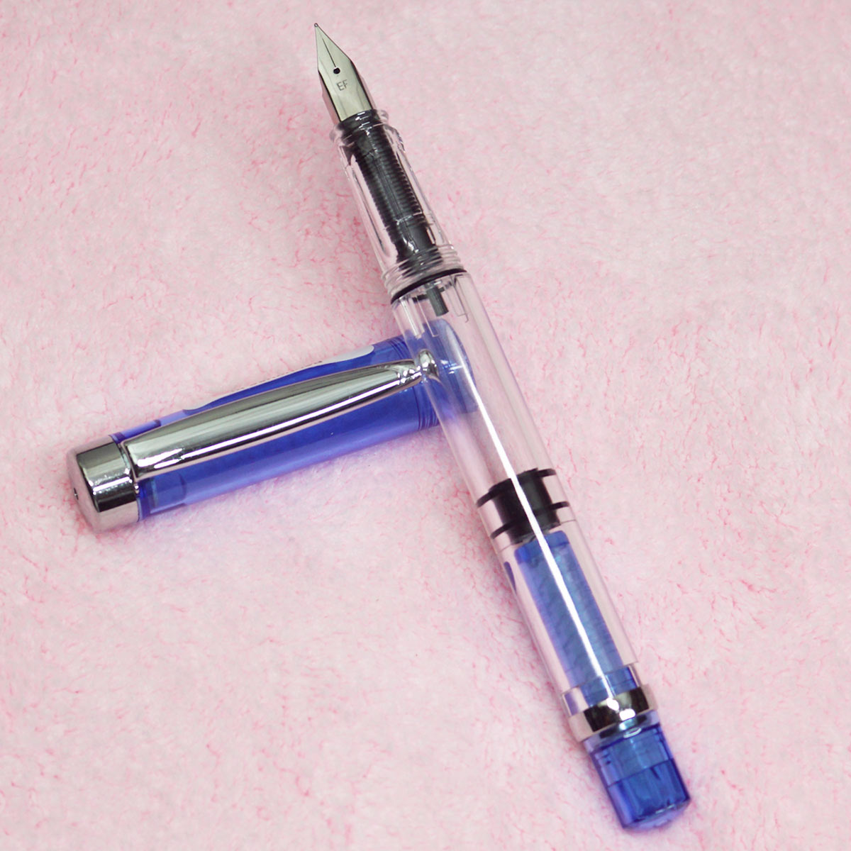 Quibao 199 Transparent Body With Blue Color Transparent Cap EF Nib Piston Type Fountain Pen SKU 23330