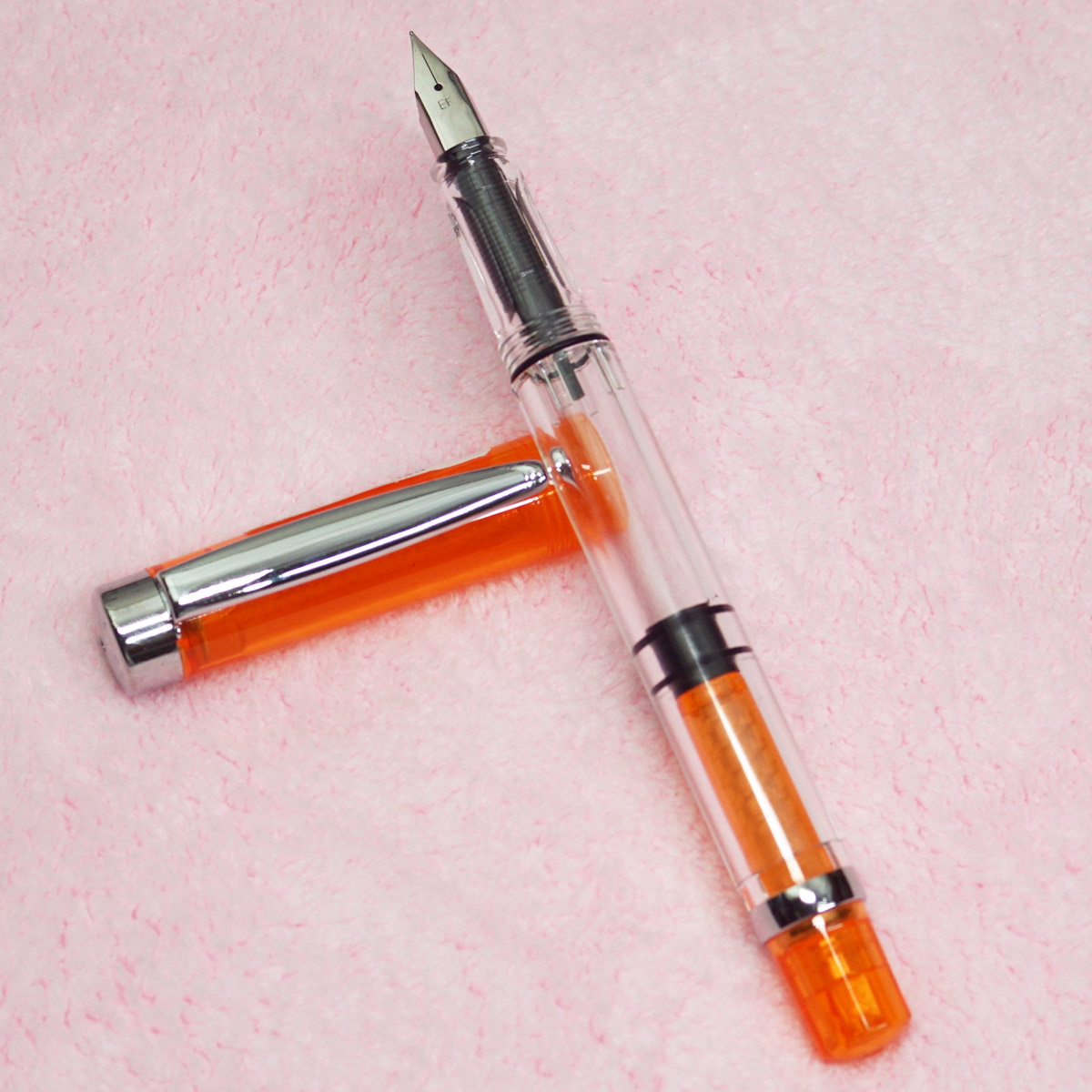 Quibao 199 Transparent Body With Orange Color Transparent Cap EF Nib Piston Type Fountain Pen SKU 23331
