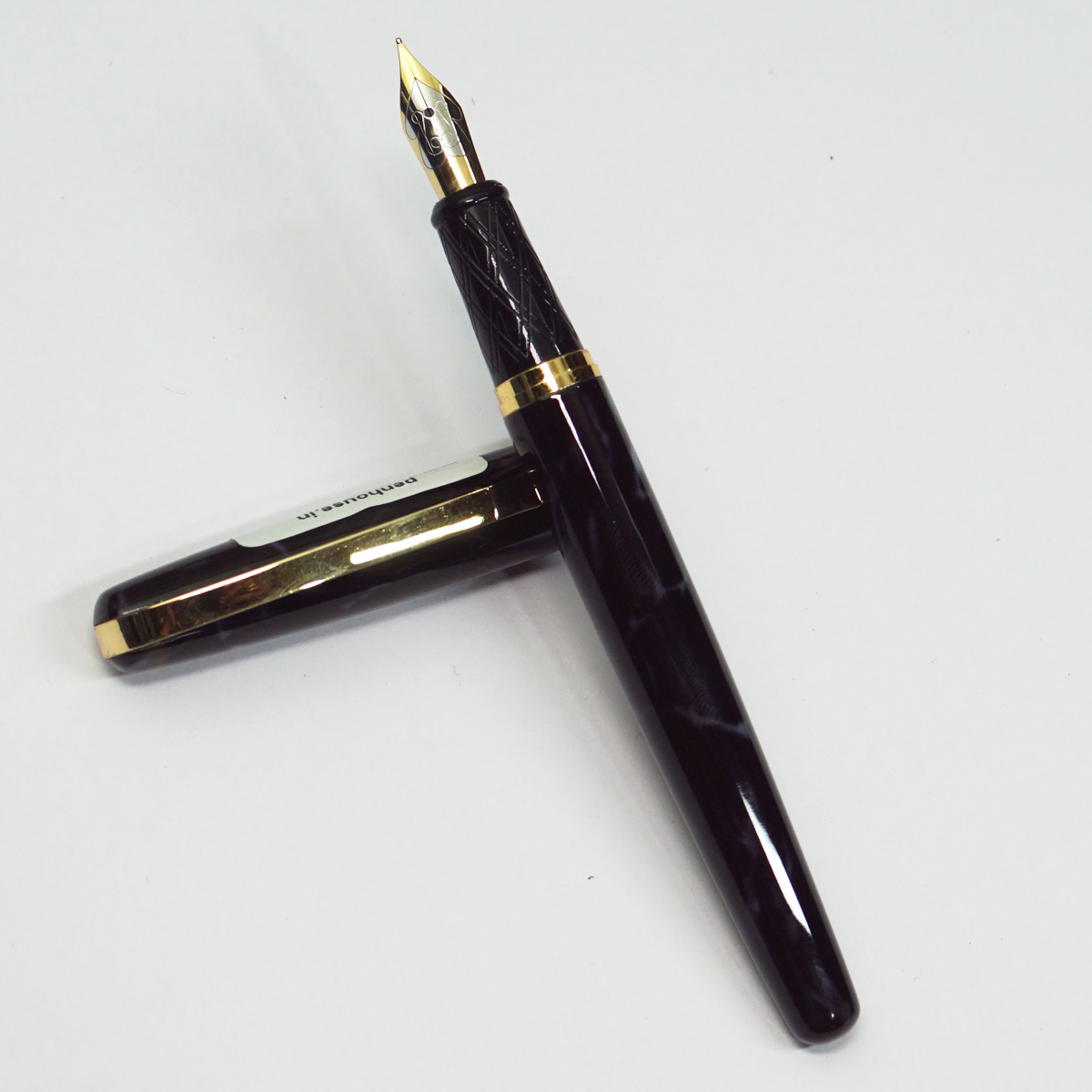 Dikawen 897 Black Marble Color Designed Body With Fine Nib  Golden Trim Converter Type Fountain Pen SKU 23361