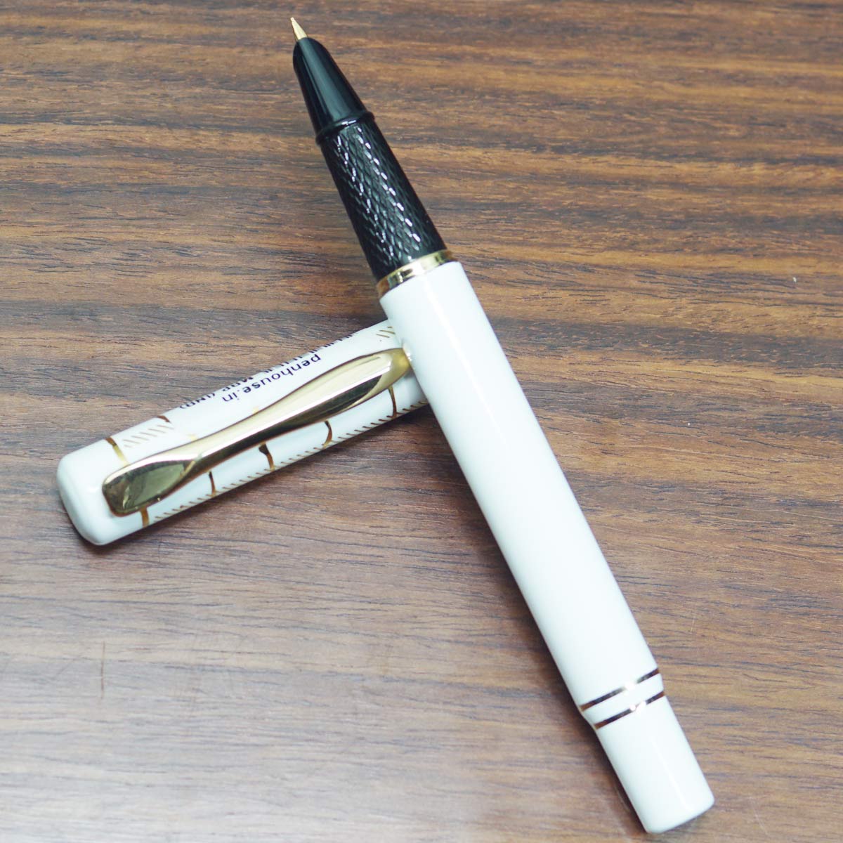 Dikawen 857 Plain White Color Body With Cap Designed  Fine Nib Black Holder Grip Golden Trim Converter Type Fountain Pen SKU 23366