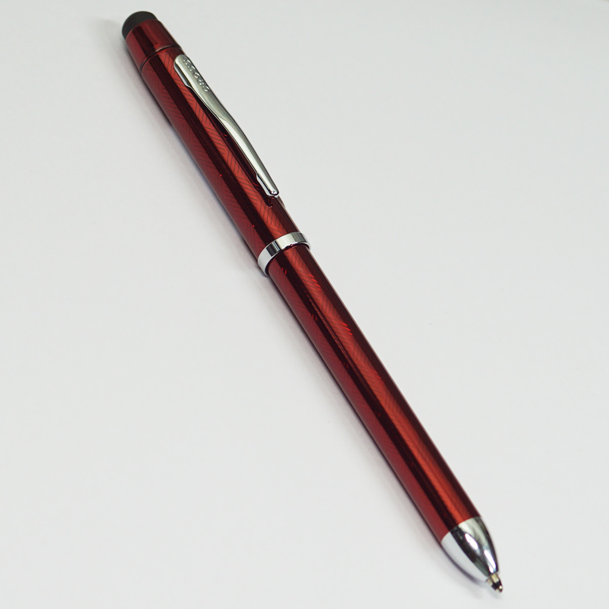 Cross Tech 3 Red Color Body With Medium Tip Black And Red Writing With 0.5 Lead Pencil With Stylus On Top Silver Trims Twist Type Mutifuntional Ball Pen  SKU 23397