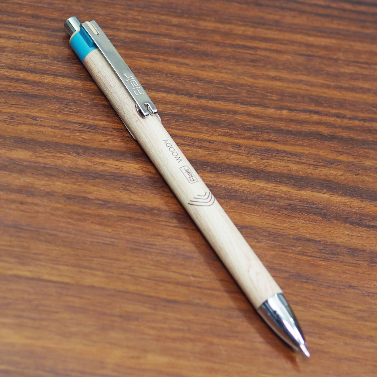 Flair Woody Cliq Wood Color Body With Silver Clip Fine Tip Blue Writing Retractable Type Ball Pen SKU 23442