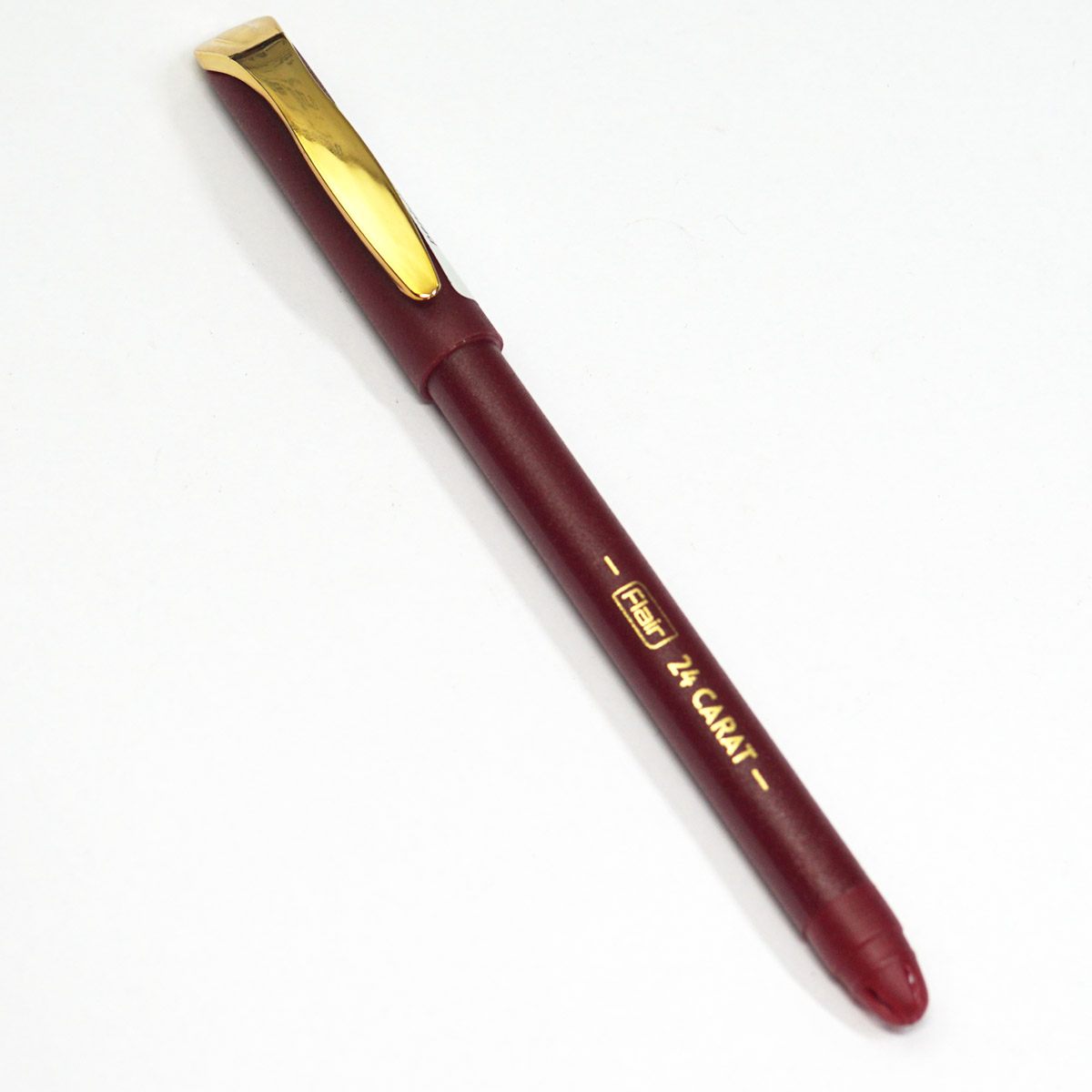 Flair 24 Carat Red Color Body With Golden Color Clip Fine Tip Blue Writing Cap Type Ball Pen SKU 23447