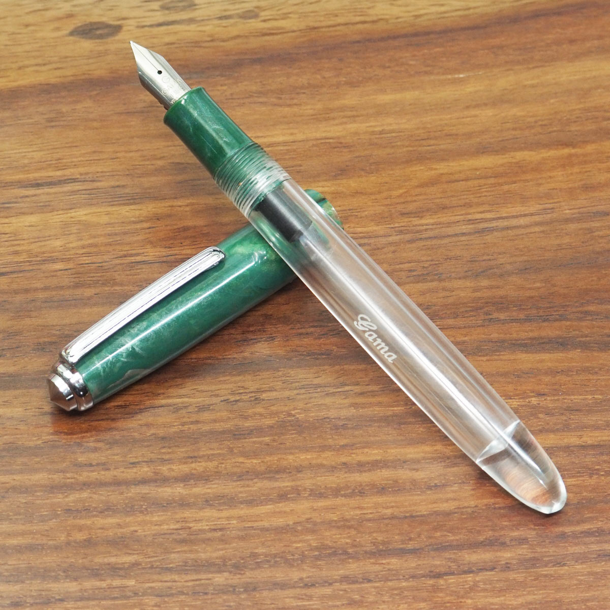 Gama Acrylic 69T Transparent Body With Green Color Cap And Silver Clip Fine Nib Eye Dropper Model Fountain Pen SKU 23553
