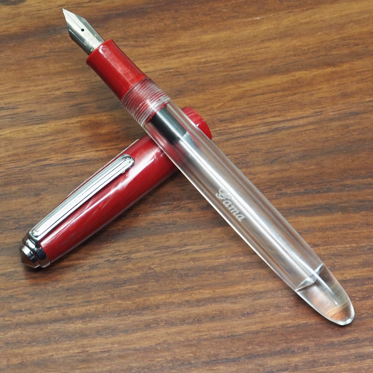 Gama Acrylic 69T Transparent Body With Red Color Cap And Silver Clip Fine Nib Eye Dropper Model Fountain Pen SKU 23554