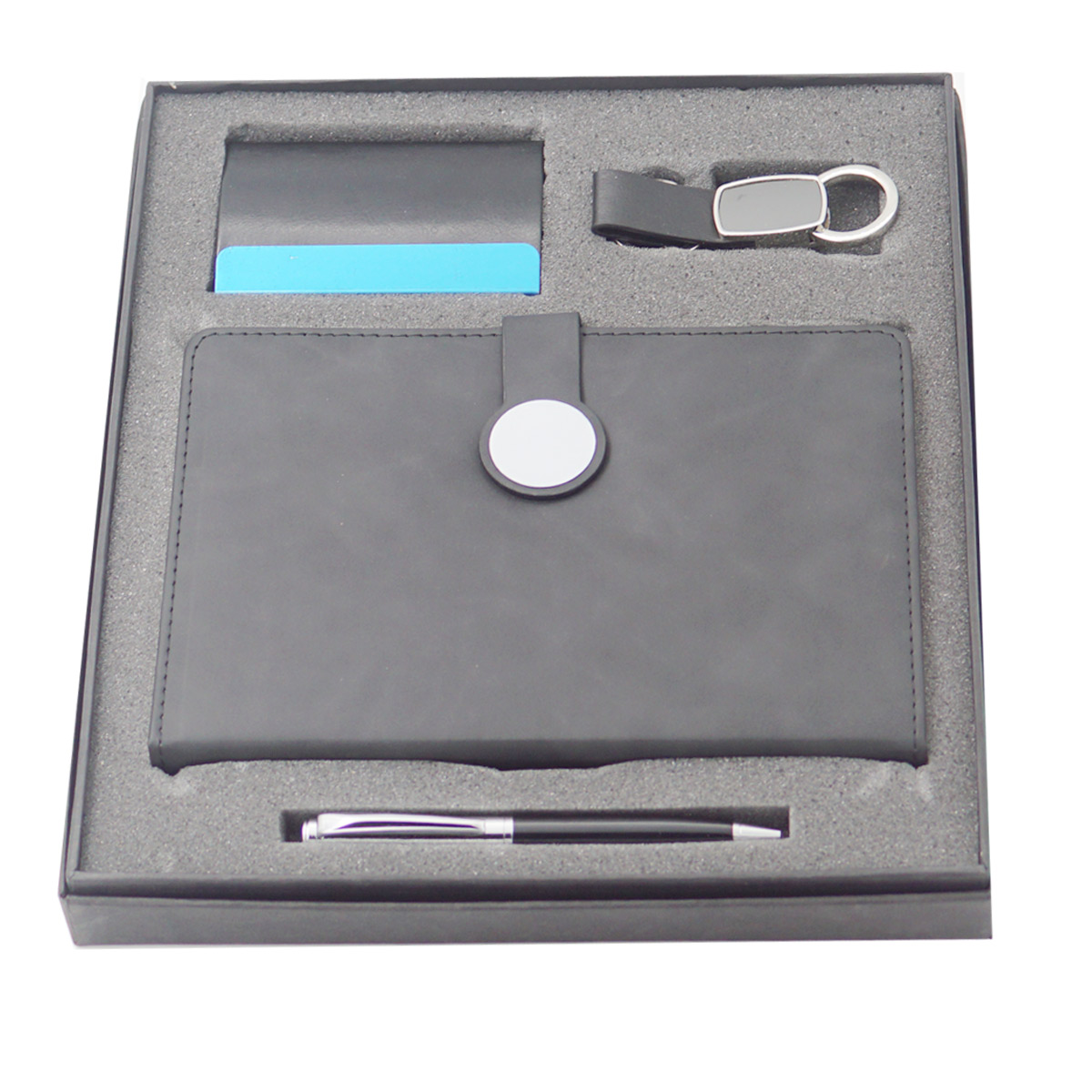 penhouse.in 954 Black  Color A5 Dairy  With Black Cardholder  Leather Keychain And Black Color Cap Silver Twist Type Ball Pen 4 in 1 Set SKU 23623