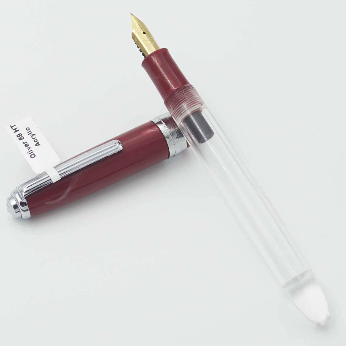 Oliver 69HT Handmade Acrylic Transparent Body Red Color Cap with Silver Trims No.8 Fine Tipped Gold Plated Nib Eyedropper Model Fountain Pen SKU 23633