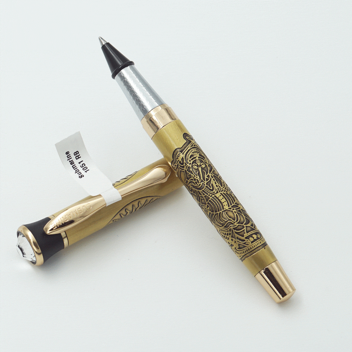 Submarine 1051 Ganesh Image Golden Color Body with Gold Trims and Swarovski Diamond On The Cap Roller Ball pen SKU 23651