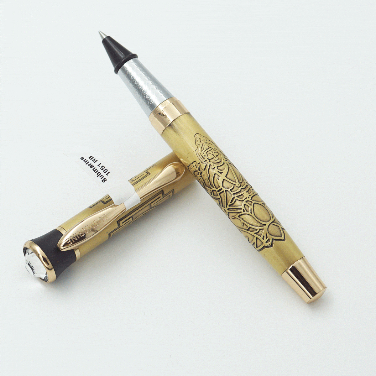 Submarine 1051 Lakshmi Image Golden Color Body with Gold Trims and Swarovski Diamond On The Cap Roller Ball pen SKU 23652